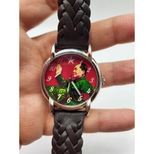 Mao Zeong Chinese Leader Watch Silver Case Hand Winding Black Band Animated Hand
